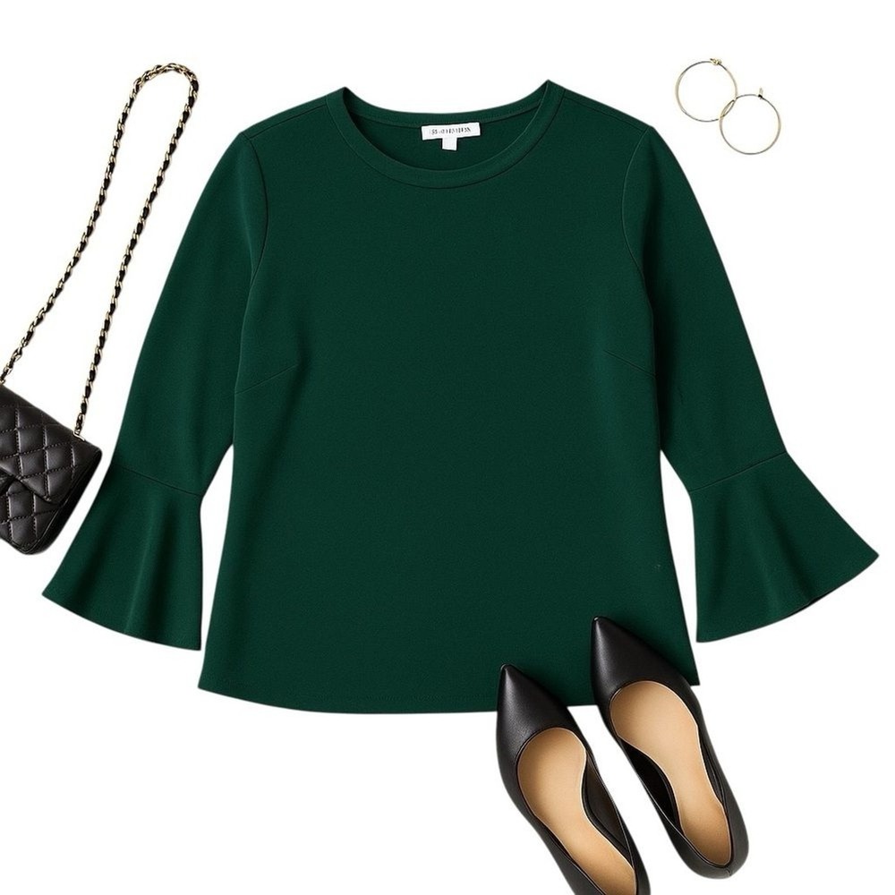 Calvin Klein Green Bell Sleeve Blouse Women's 1X Dressy Career Top Emerald Luxe